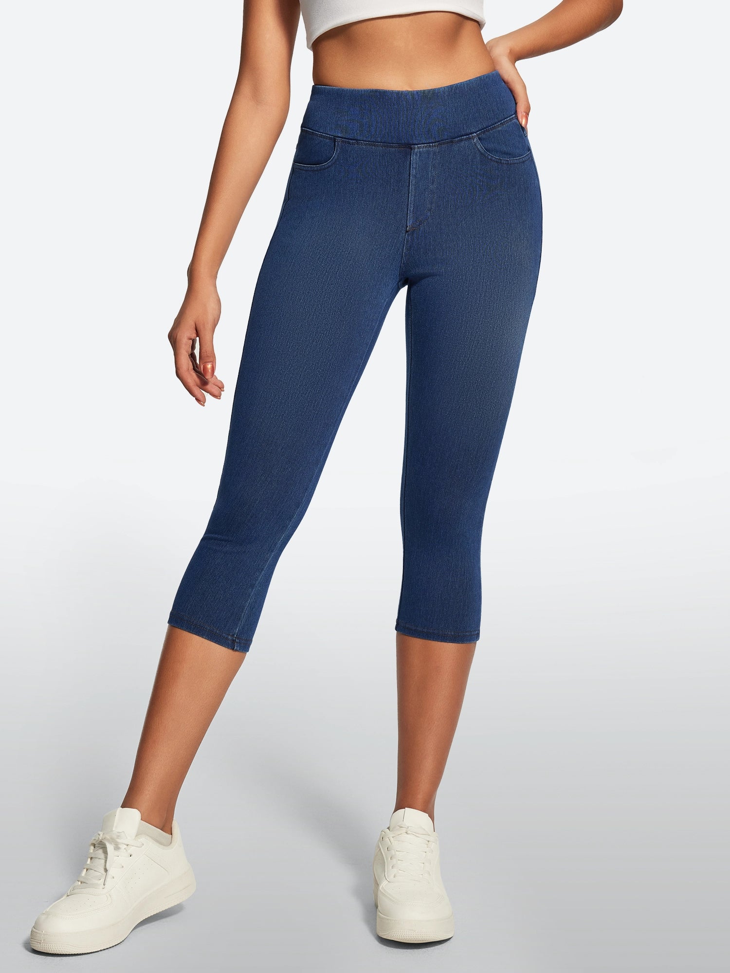 IUGA FlexDenim® High Waisted Pull On Capri Jeans With Pockets - IUGA