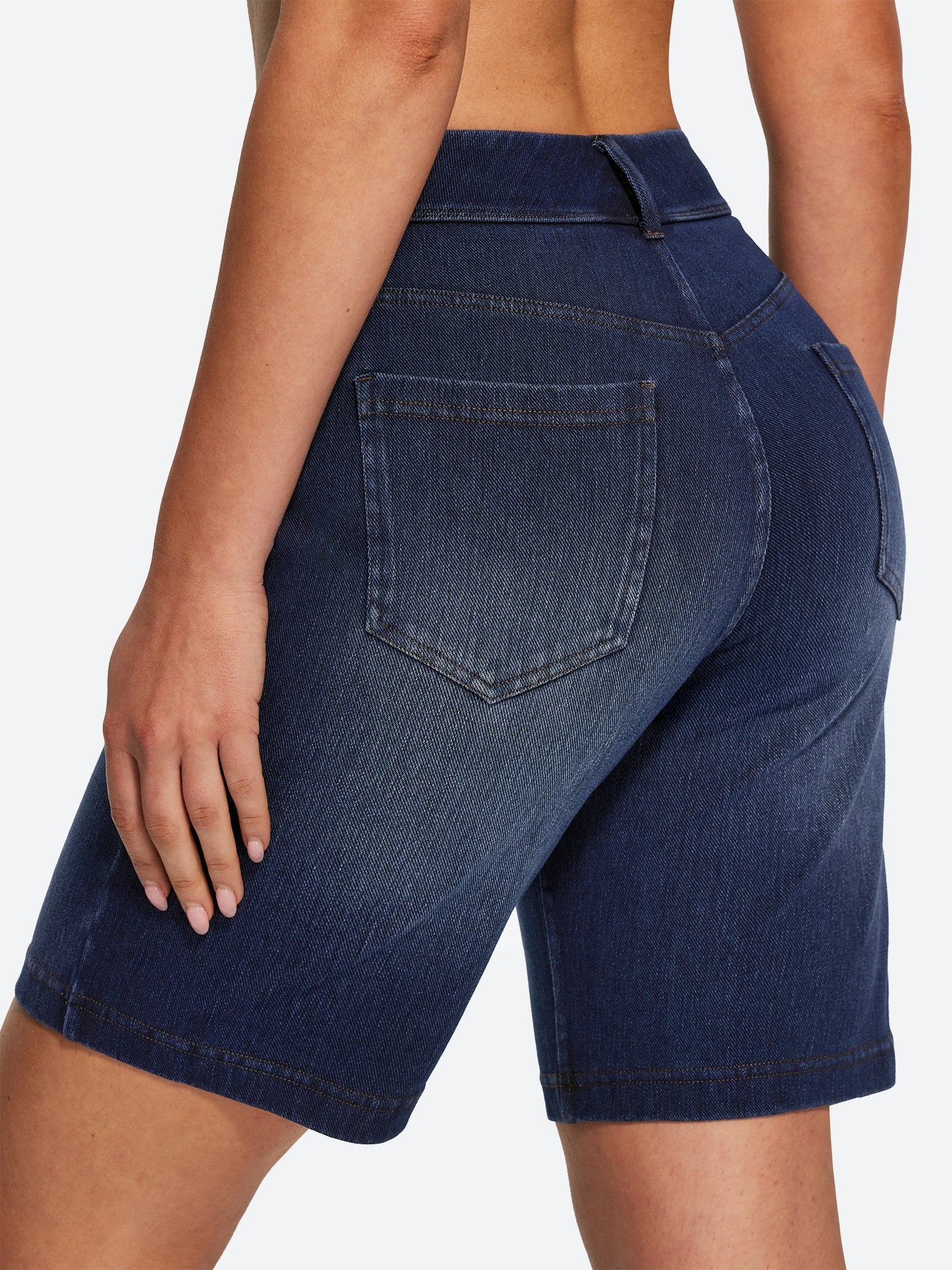 IUGA FlexDenim® Pull On High Waisted Knee Length Loose Fit Jean Shorts With Pockets | Affordable Yoga Leggings & Activewear by IUGA