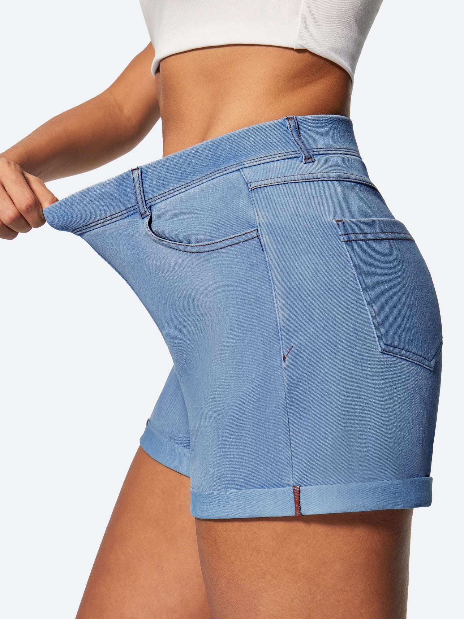 IUGA High Waisted Stretchy Tummy Control Pull On Jean Shorts - IUGA
